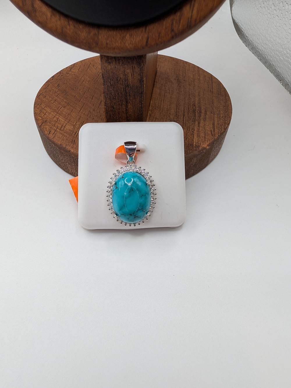 NWT 925 Sterling Silver Natural Turquoise & 0.80 CTW Moissanite Halo Pendant